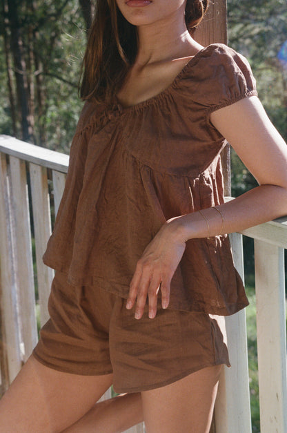 PUFF SLEEVE SMOCK TOP - CACAO (xs only)