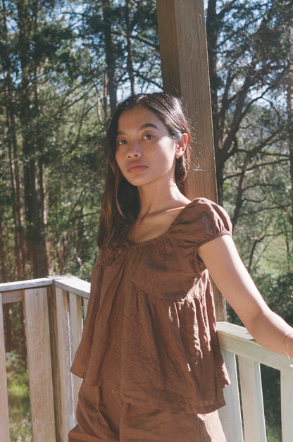 PUFF SLEEVE SMOCK TOP - CACAO (xs only)