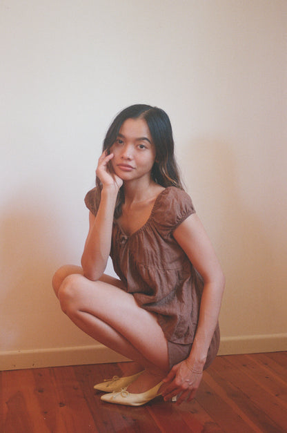 PUFF SLEEVE SMOCK TOP - CACAO (xs only)