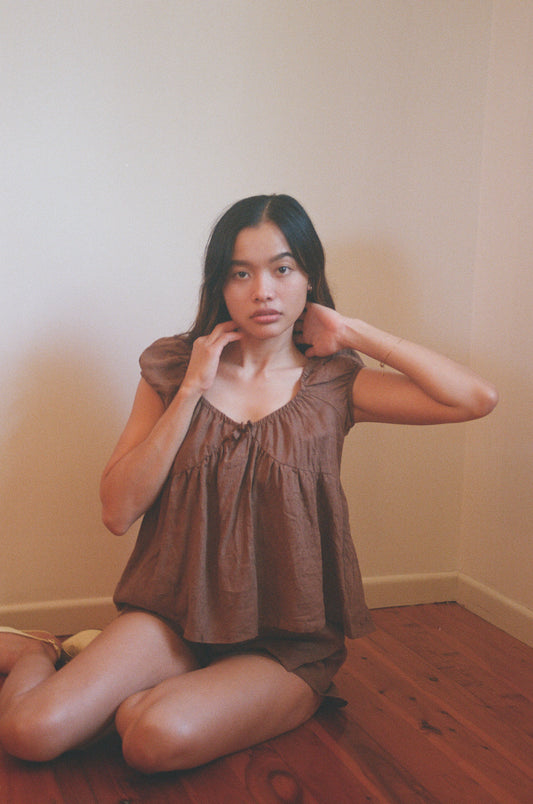 PUFF SLEEVE SMOCK TOP - CACAO