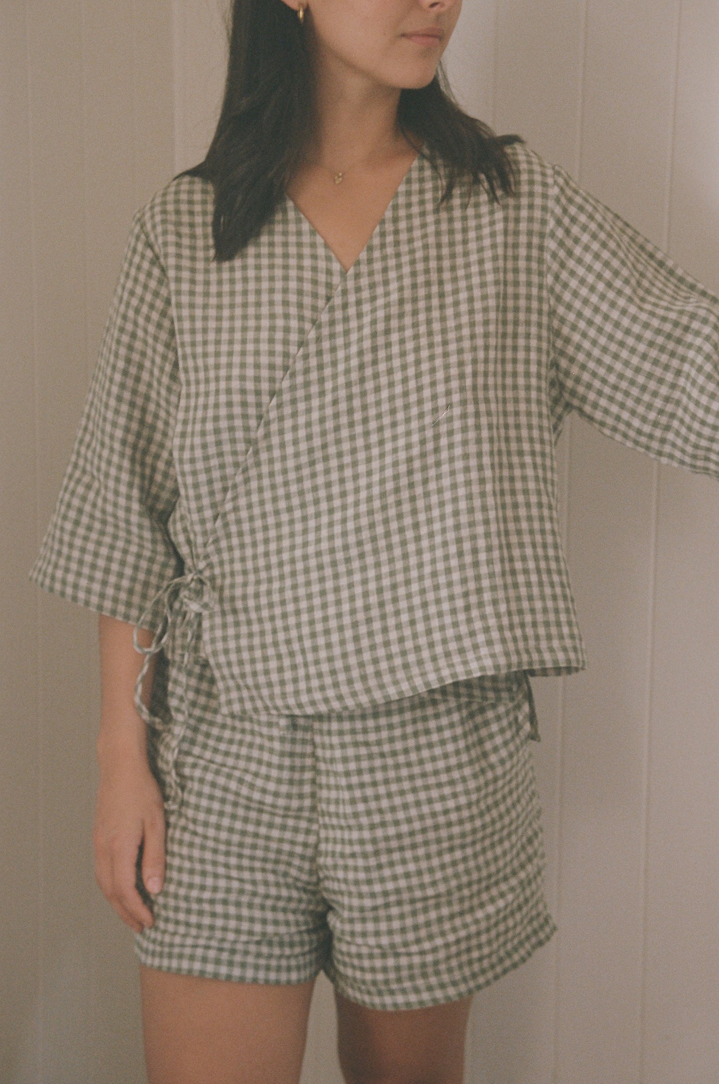 HARMONY WRAP TOP - MATCHA CHECK