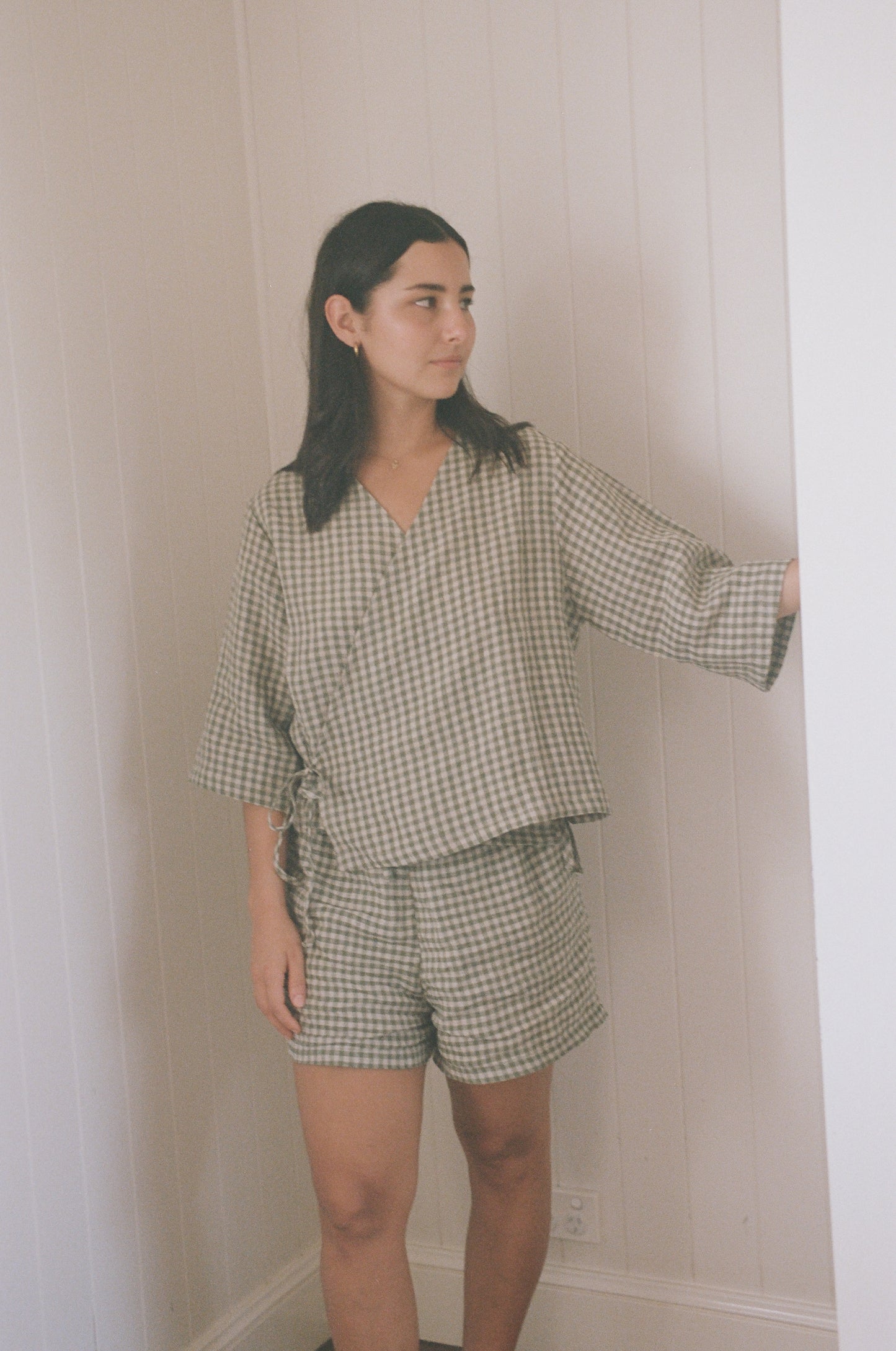 HARMONY WRAP TOP - MATCHA CHECK