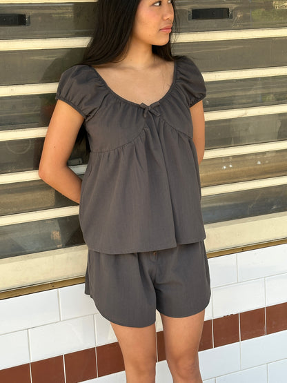 PUFF SLEEVE SMOCK TOP - SMOKE (xs only)