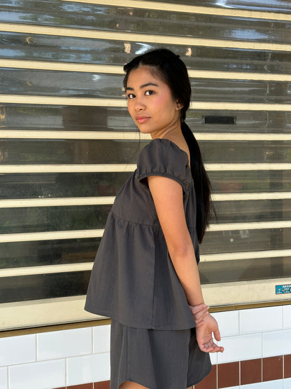 PUFF SLEEVE SMOCK TOP - SMOKE (xs only)