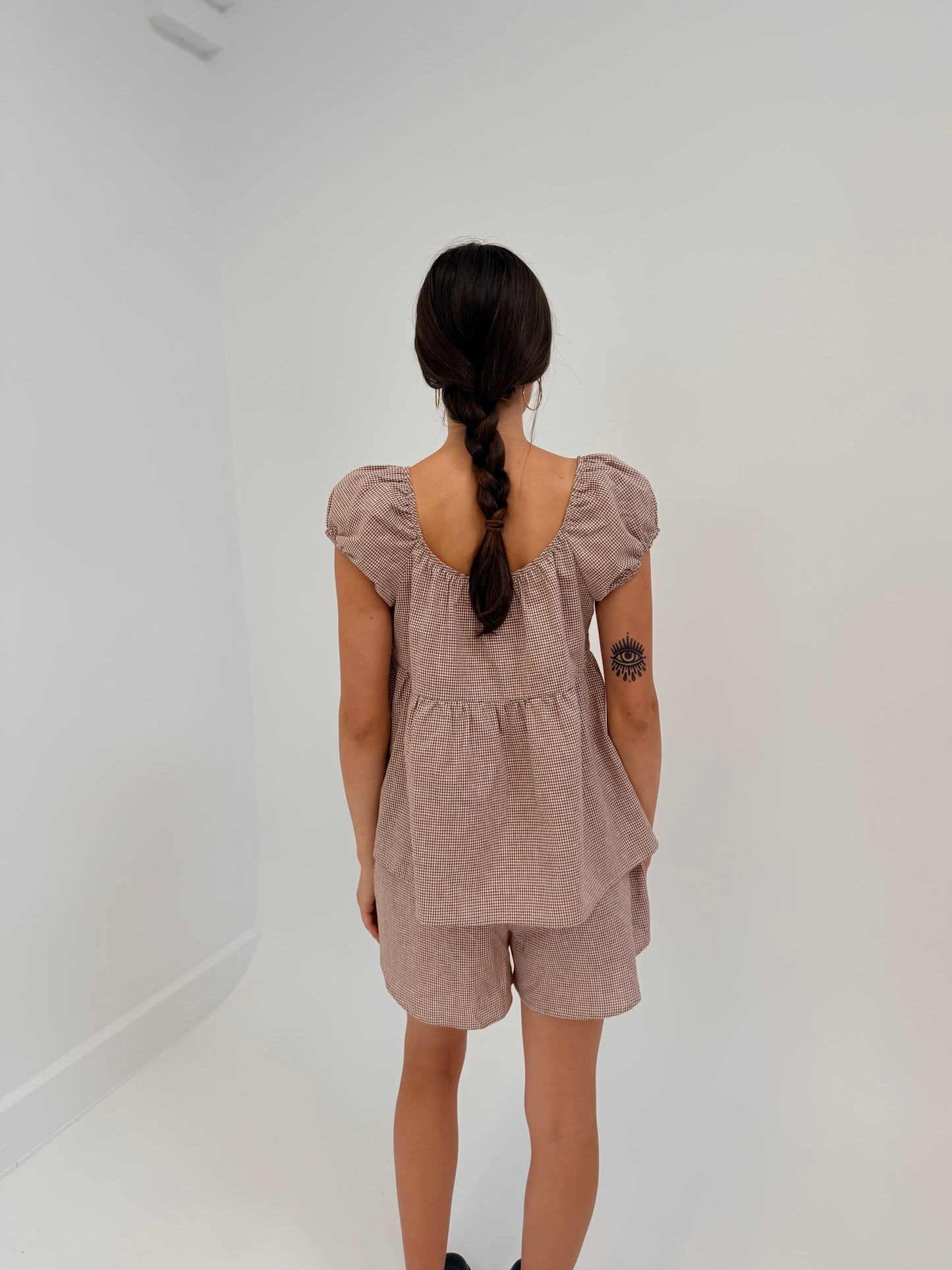 PUFF SLEEVE SMOCK TOP - CARIBOU CHECK