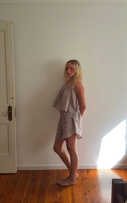 GATHERED HALTER SKIRT- CLAY