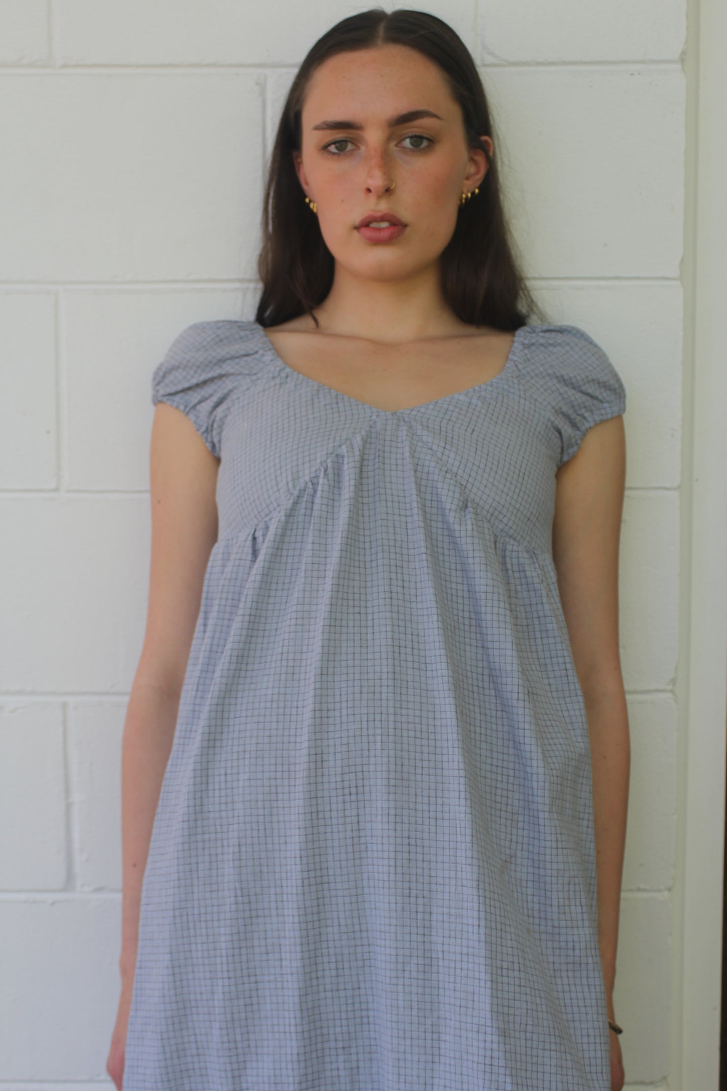 PUFF SLEEVE DRESS - BLUE CHECK
