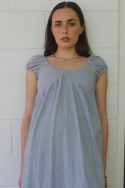 PUFF SLEEVE DRESS - BLUE CHECK