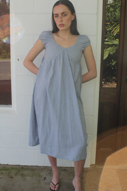PUFF SLEEVE DRESS - BLUE CHECK
