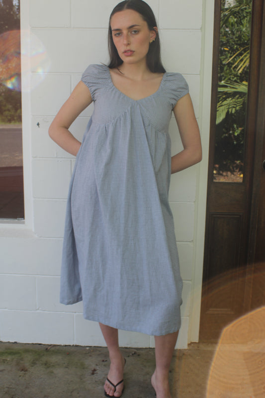 PUFF SLEEVE DRESS - BLUE CHECK