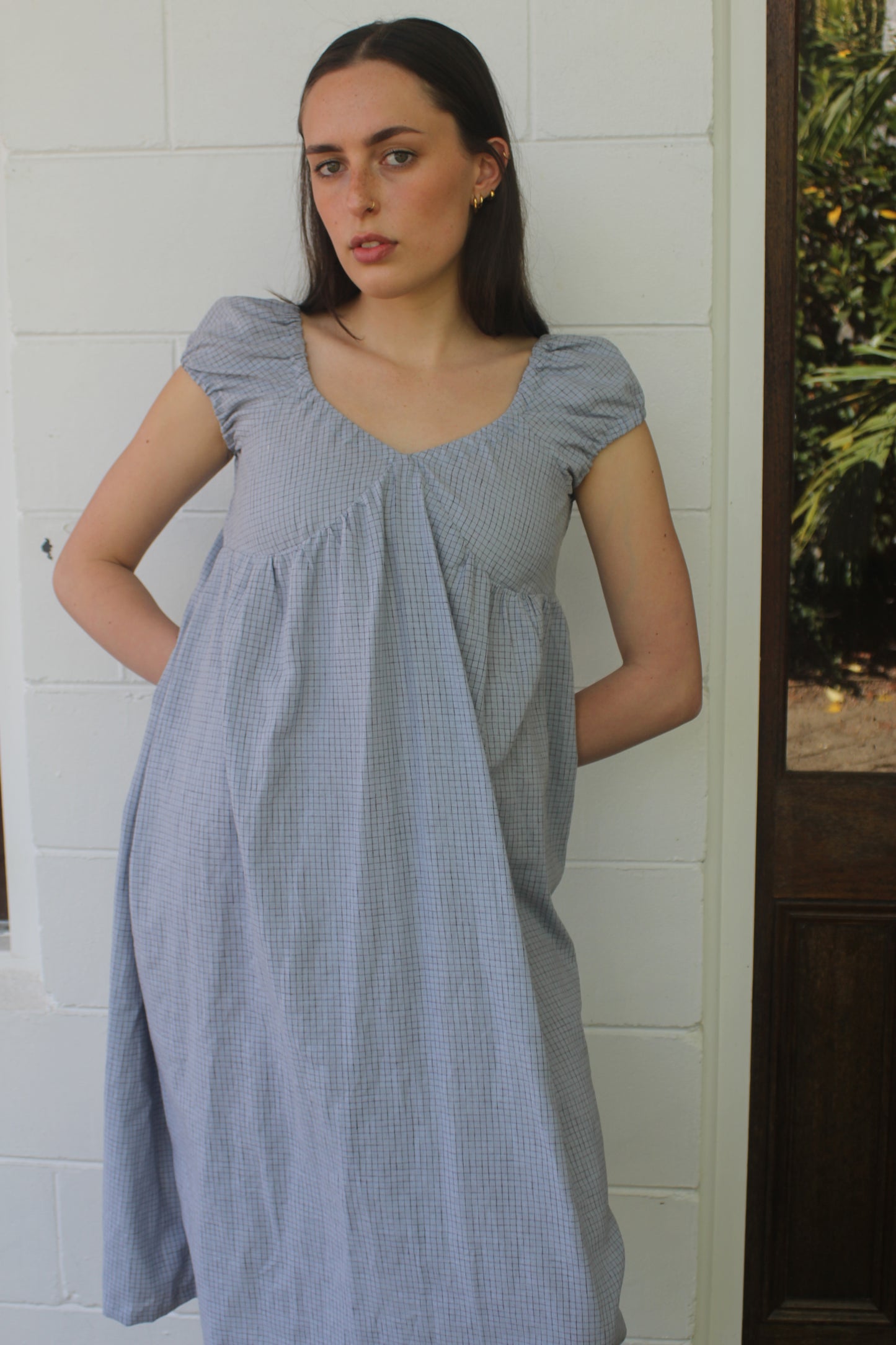 PUFF SLEEVE DRESS - BLUE CHECK