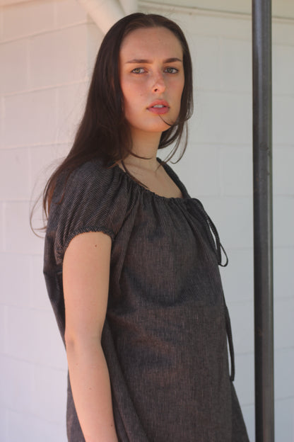 TIE SMOCK DRESS - BLACK STRIPE