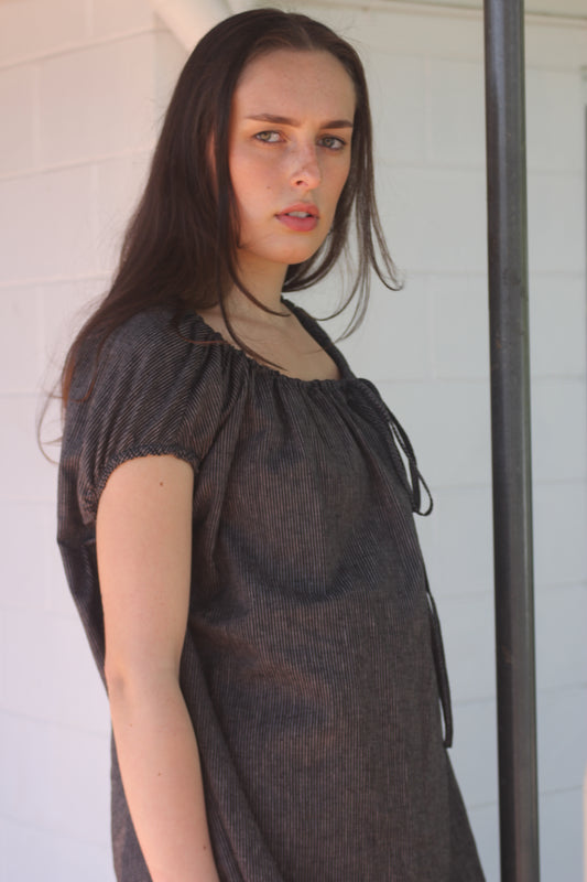 TIE SMOCK DRESS - BLACK STRIPE