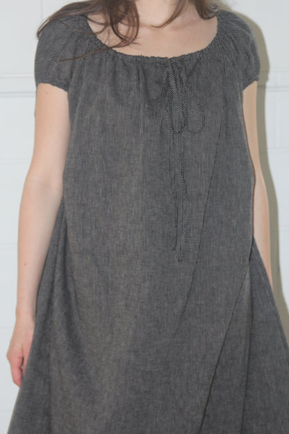 TIE SMOCK DRESS - BLACK STRIPE