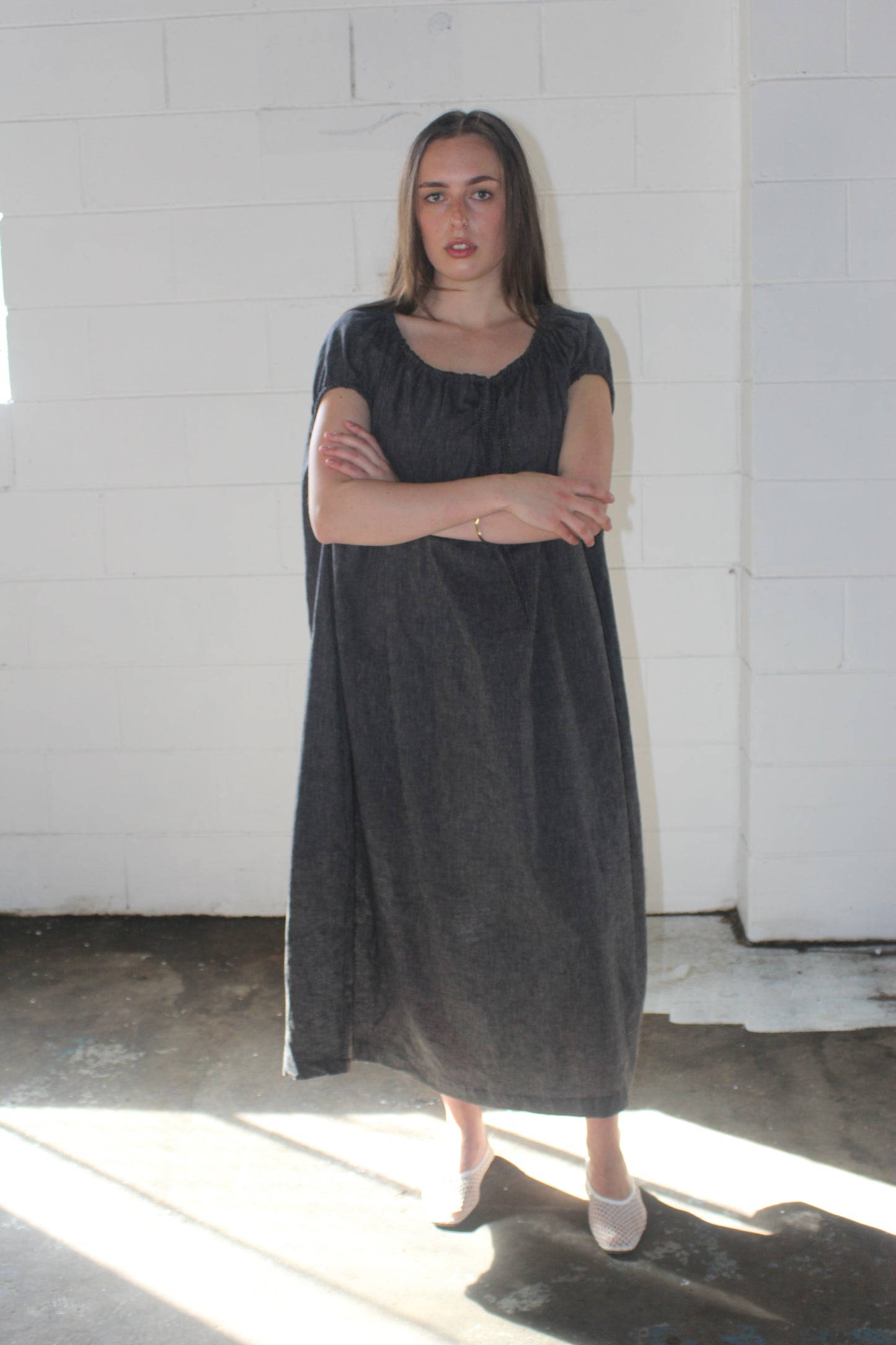 TIE SMOCK DRESS - BLACK STRIPE