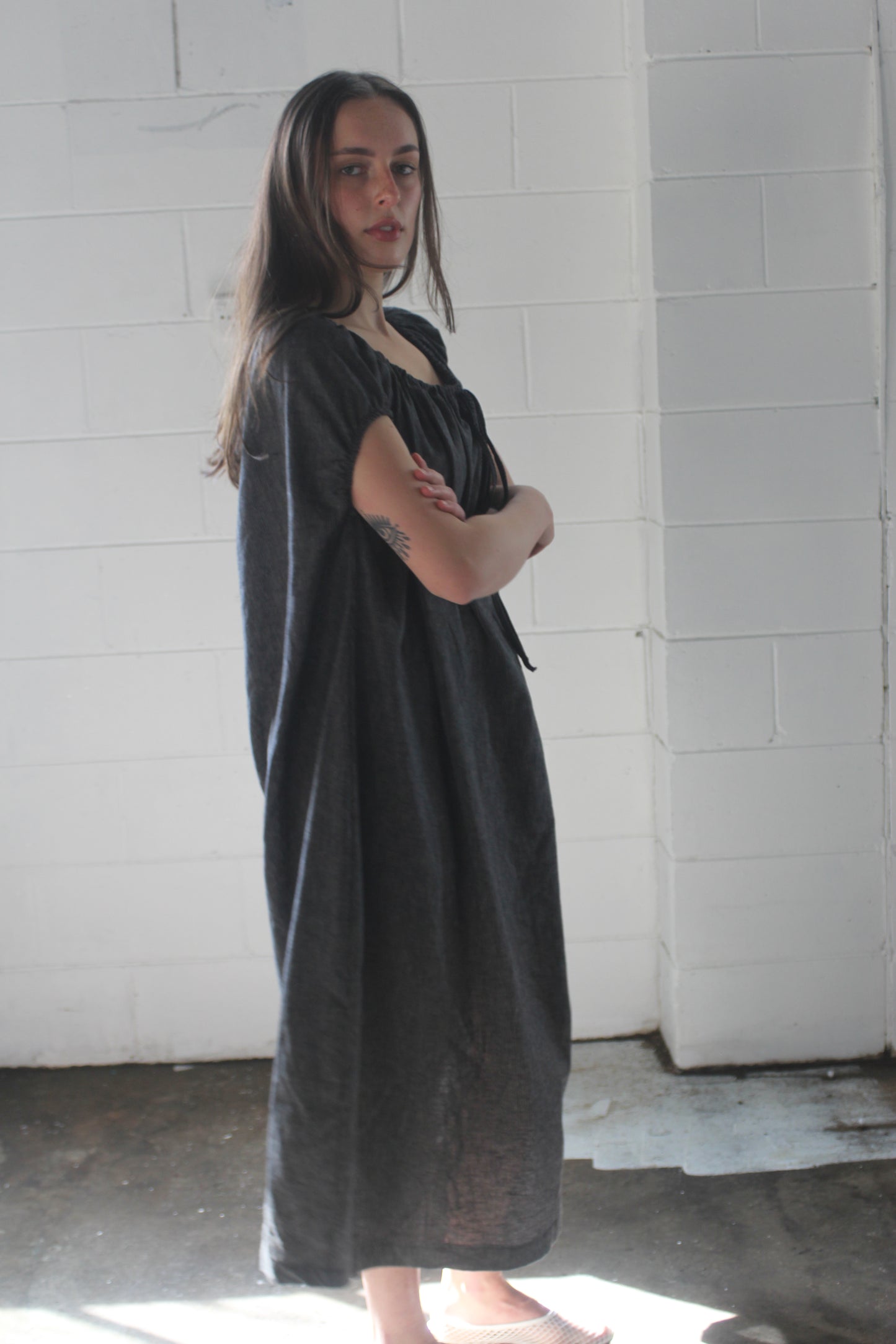 TIE SMOCK DRESS - BLACK STRIPE