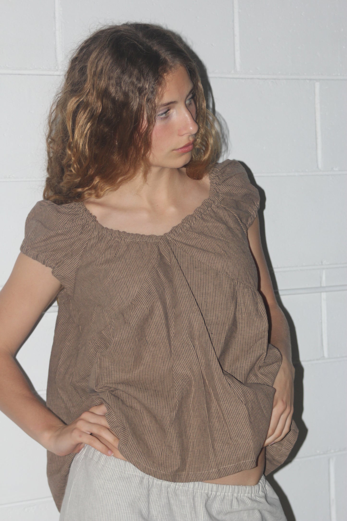 PUFF SLEEVE SMOCK - COFFEE STRIPE