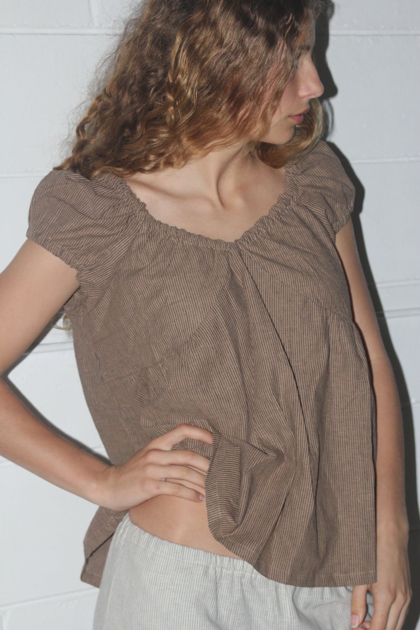 PUFF SLEEVE SMOCK - COFFEE STRIPE